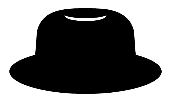 Minimalist black pork pie hat icon with grey band, flat design