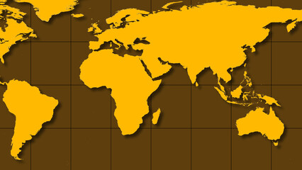 Yellow world map on brown grid background. This yellow world map visualizes earth. Yellow world map for global technology and international geography themes. © Sabrix