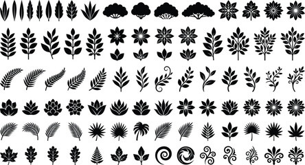 Obraz premium Set of black plant silhouettes, leaves, flowers, trees, and floral design elements vector collection