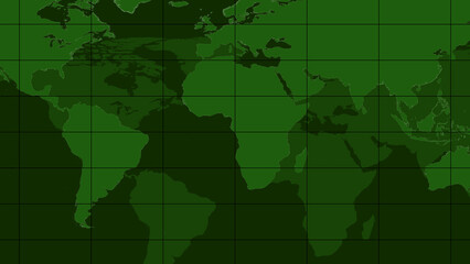 Green world map on dark grid background. This green world map visualizes earth. Green world map for global technology and international geography themes. © Sabrix