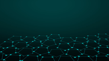 Obraz premium Teal pentagon network pattern background. This teal pentagon network pattern visualizes digital data. Teal pentagon network pattern for technology themes.