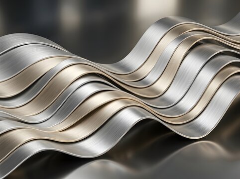 Abstract flowing metallic ribbons in silver and gold tones modern background texture