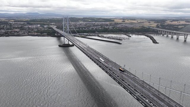 Aerial view of traffic crossing the forth road bridge