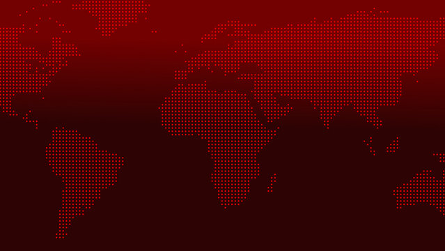 Red dotted world map on dark red gradient. This red dotted world map visualizes earth. Red dotted world map for global technology and news themes.
