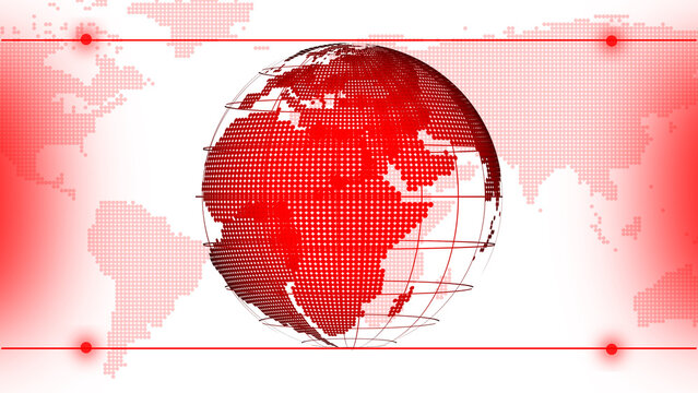 Red dotted globe with world map background. This red dotted globe visualizes earth. Red dotted globe for global technology and geography themes.