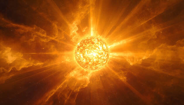 Bright glowing star radiating intense light in deep space