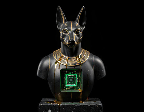 Ancient Egyptian Bastet Cat Sculpture in Polished Black Basalt with Sapphire Eyes and Cybernetic Core