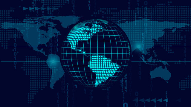 Globe with grid on world map represents global communication. Globe for international data and binary code. Globe background for worldwide network connectivity and advanced technology.