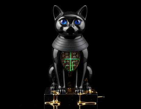 Ancient Egyptian Bastet Cat Sculpture in Polished Black Basalt with Sapphire Eyes and Cybernetic Core