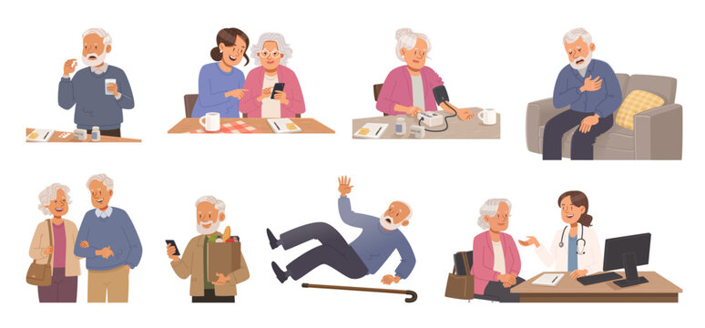 Senior people healthcare and lifestyle set. Vector illustration in flat style