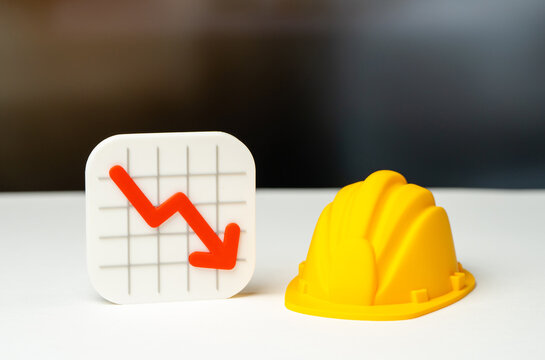 Declining chart and construction helmet. Slower construction activity, lower prices and reduced costs. Market downturn affects development projects, investment and the building industry.