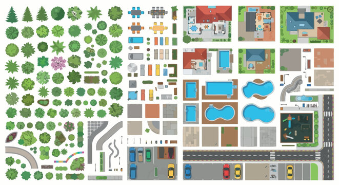 Aerial view vector elements of buildings trees and roads on a white background