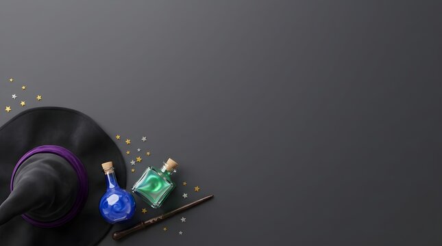 Spooky Halloween background with witch hat, magic wand, and potion bottles on dark grey surface with copy space
