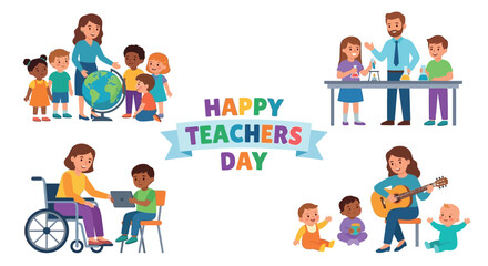 Fototapeta premium Teachers and students learning together a colorful vector illustration