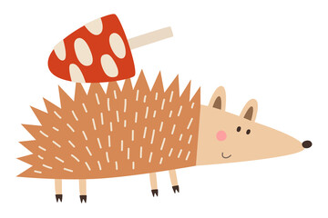 Naklejka premium Hedgehog carrying red spotted mushroom on orange spiny back. Autumn woodland animal and mushroom concept. Design for poster, wallpaper, print, banner, sticker, greeting card, invitation, postcard.