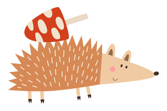Hedgehog carrying red spotted mushroom on orange spiny back. Autumn woodland animal and mushroom concept. Design for poster, wallpaper, print, banner, sticker, greeting card, invitation, postcard.