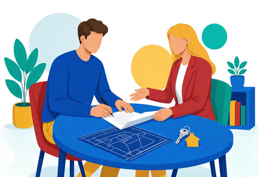 Two architects discuss blueprints and house keys at a bright round table, with architectural plans, books, plants, and colorful abstract shapes in the background.