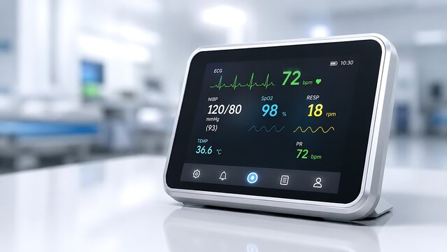 Medical vital signs monitor displaying ECG, NIBP, SpO2, TEMP, RESP, PR