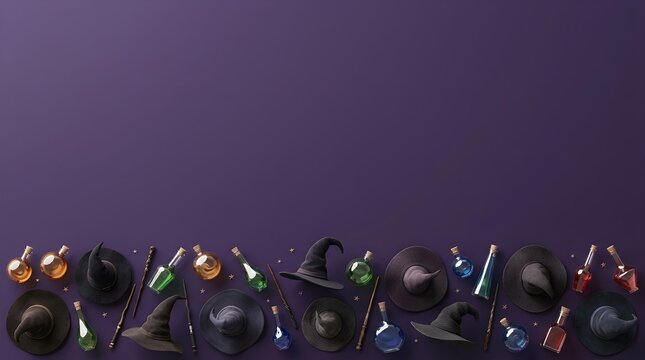 Spooky Halloween background with witch hats and magic potion bottles bottom border on dark purple surface with copy space