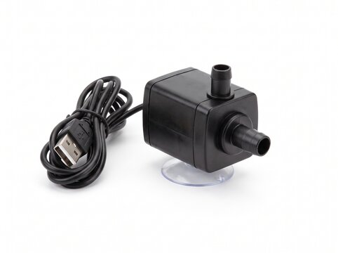 Compact electric water pump with power cord on clear stand.