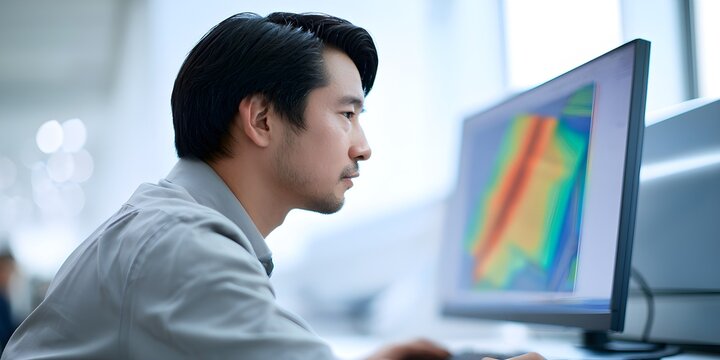 Focused Asian engineer analyzing digital thermal data on computer monitor, modern corporate tech workspace