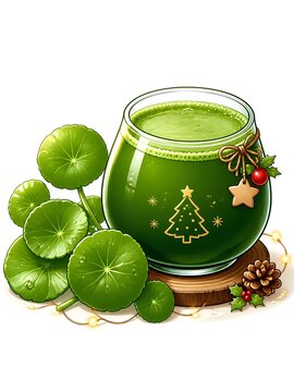 A vibrant digital illustration of fresh green gotu kola juice in a round glass jar, beautifully decorated with a golden Christmas tree emblem, holiday twine, and pinecones&mdash;blending rustic winter charm