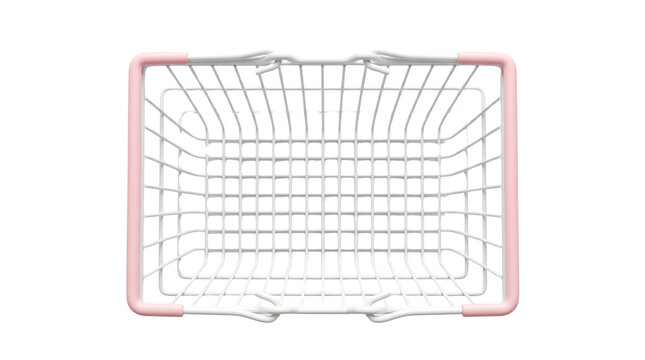 Empty Shopping Basket Top View Isolated on White Background, Wire Supermarket Grocery Crate with Pink Handles 3D Render
