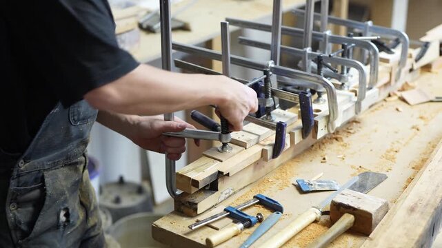 Talented man crafter checking gluing process and adjusting wooden board using mallet and clamps, professional craftsman precisely examining and regulating wood parts at workbench in carpentry.