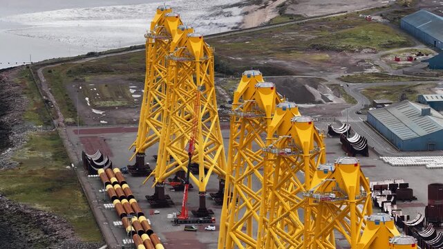 Offshore wind turbine jacket foundations construction at a shipyard