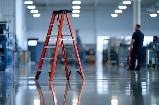 Red step ladder standing on a reflective floor in an industrial workshop with workers in the background, creating a clean and safe work environment.
