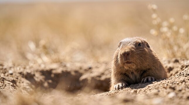 Close up of a wild gopher emerging from its dirt burrow in a dry grassy field