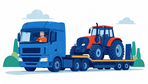 Blue heavy truck carries a red agricultural tractor on a flatbed trailer, illustrated against a clean white background with trees and clouds.