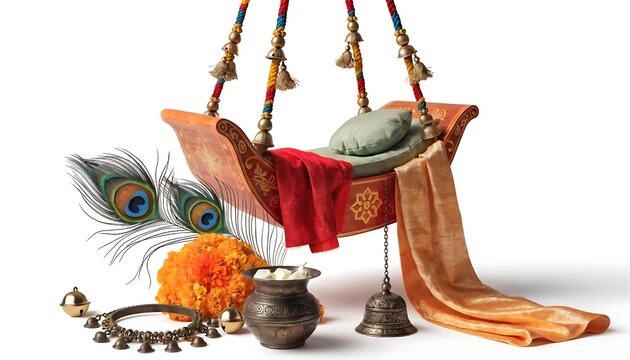 Traditional hanging swing decorated for festival with peacock feathers and marigold flowers white background festival traditional janmashtami celebration hinduism heritage religion