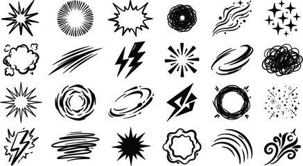 Set of hand drawn comic book style explosion and action effect elements © Md