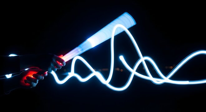 Person holding glowing light stick creating abstract neon blue trails