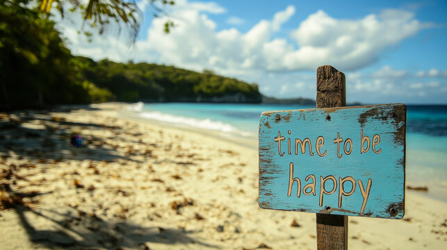 Happiness wooden sign with a beach on background