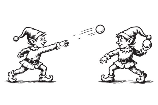 Elf Snowball War Vintage etched line art doodle illustration 