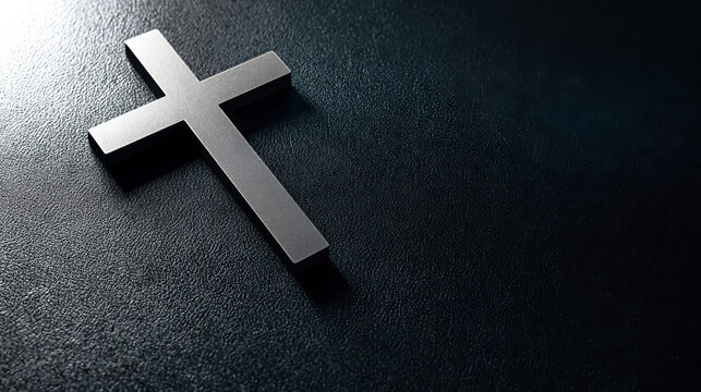 A cross lies centered on a dark surface, showing its shape clearly. The setting provides a simple backdrop for focusing on the cross