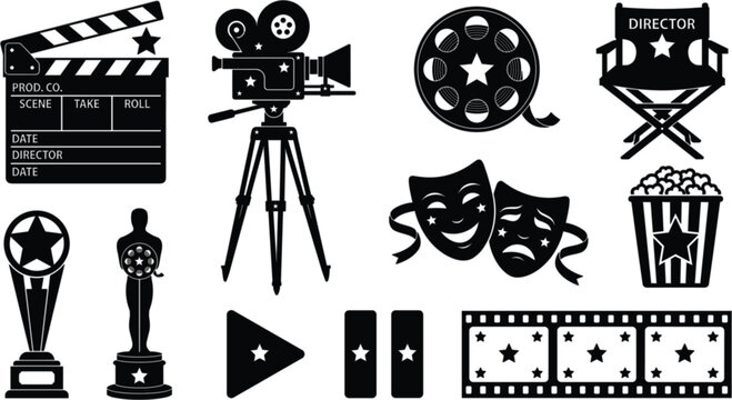 Set of cinema and movie production icons, vector illustration