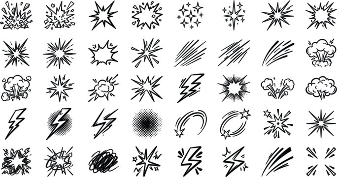Comic book explosion and action effect icons set