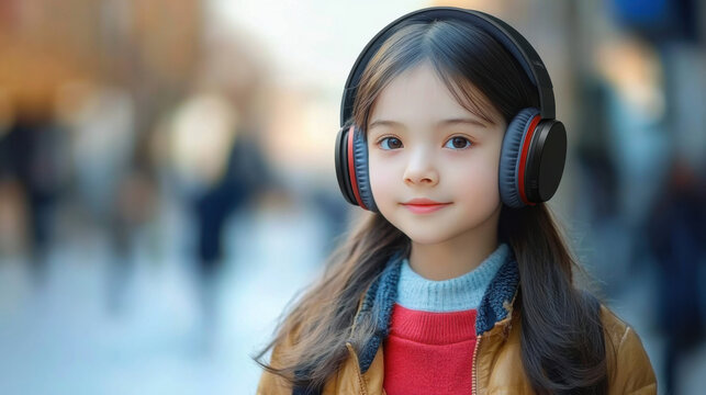 asian girl with headphones walking down the stree