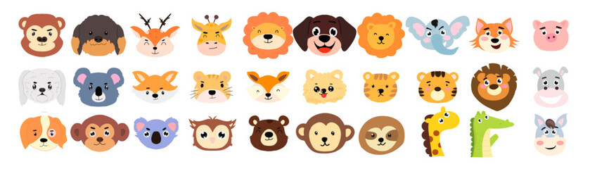Fototapeta premium Diverse Collection of Cute Cartoon Animal Head Vector Illustrations for Kids and School Projects