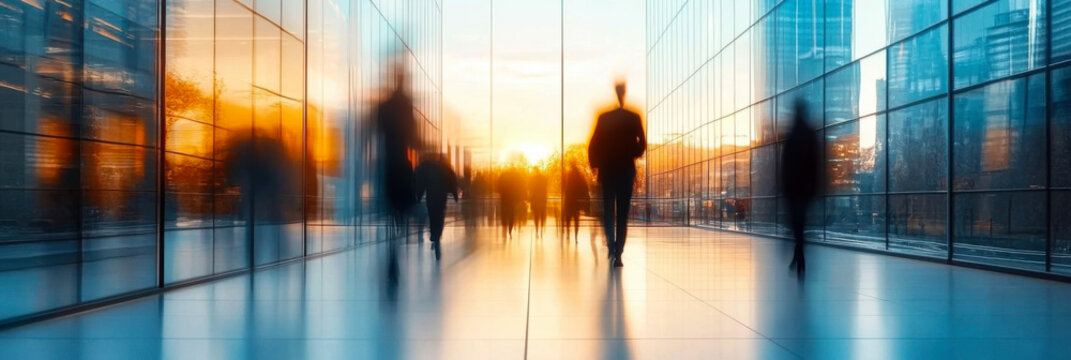 blurred image of people walking in a modern office building with large glass windows