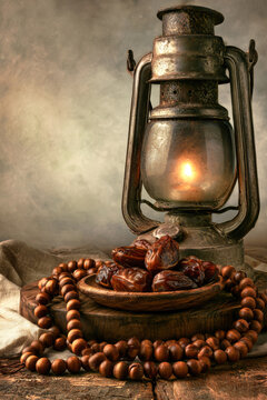 A lantern provides light on a wooden table. In front, there are dates placed on a round plate. A string of prayer beads rests beside the plate, suggesting a quiet moment