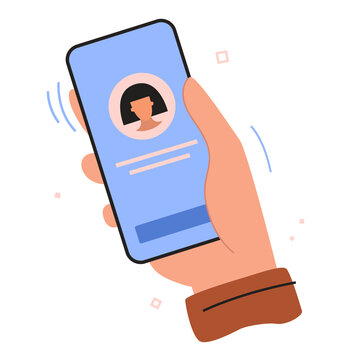 Hand holding smartphone with female profile avatar, text lines and button on screen. Flat illustration. Mobile account and digital identity concept.