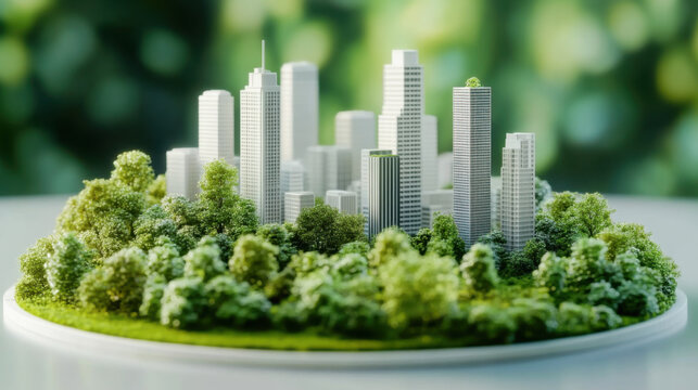 miniature cityscape showcases tall, white buildings  vibrant greenery with nature