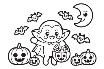 Fototapeta premium Cute Halloween Vampire Character Line Art Vector Design Isolated on White Background