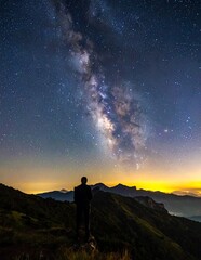 Fototapeta premium Silhouette of person standing on mountain peak at sunrise.