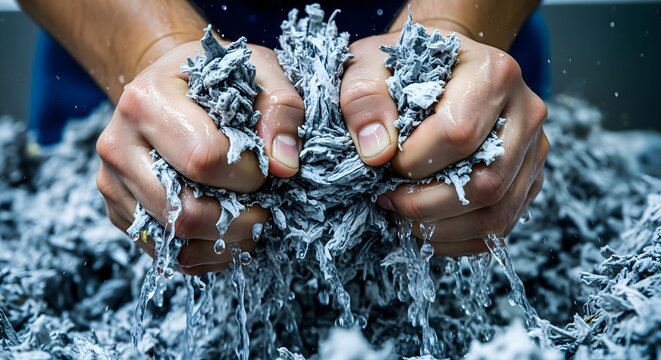 Person holding wet recycled paper pulp to demonstrate sustainable production