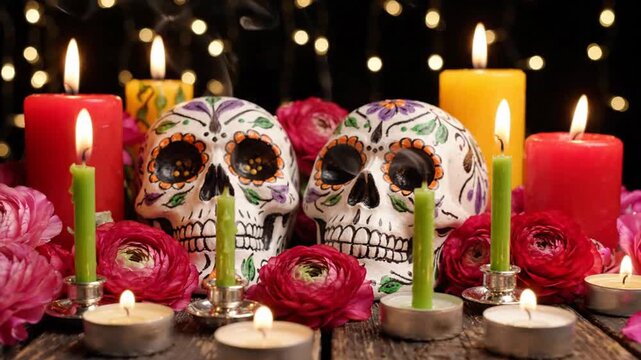 Dia de los muertos sugar skulls with burning candles